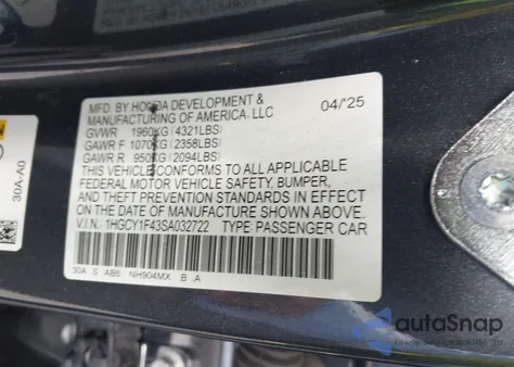 2025 Honda Accord Se z USA, uszkodzony, nr VIN 1HGCY1F43SA032722